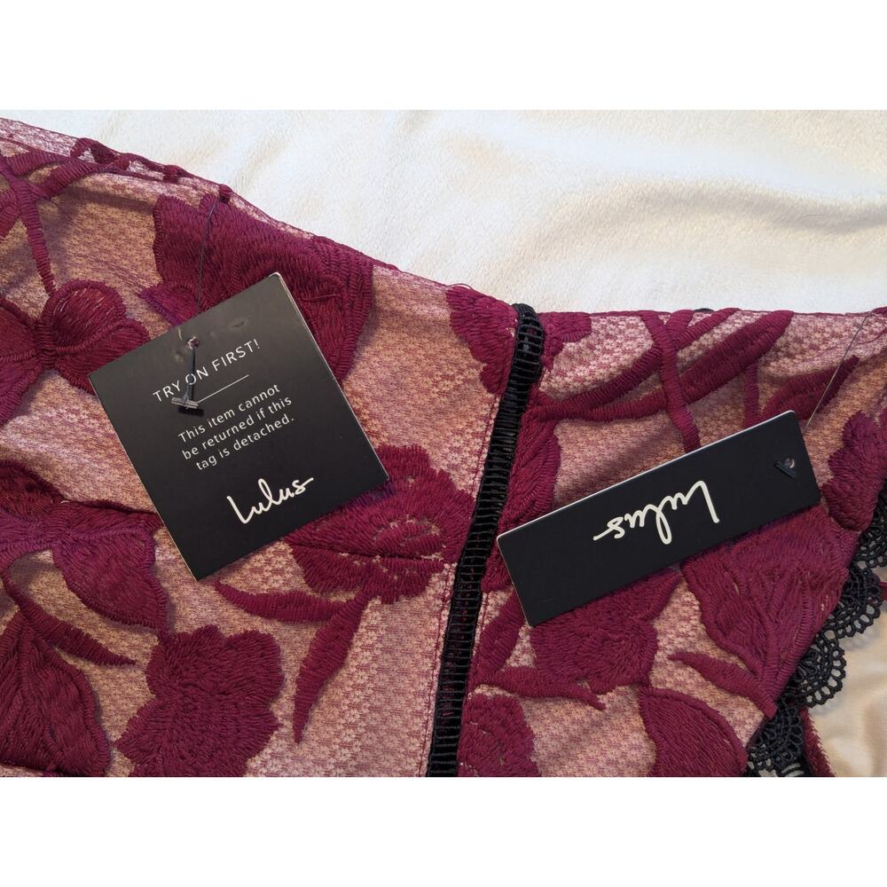 NWT Lulu's Alluring Dream Burgundy Floral Mesh Lace Trumpet Midi Dress Prom S - Picture 9 of 12
